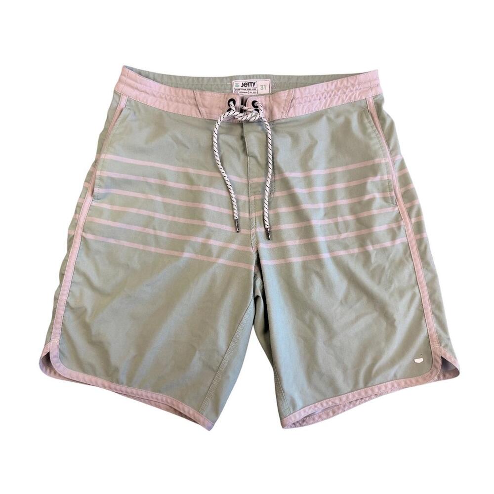 Jetty Men's Board Shorts • Size 31 • Sage Green & Pink Stripe • Surf Swim Trunks